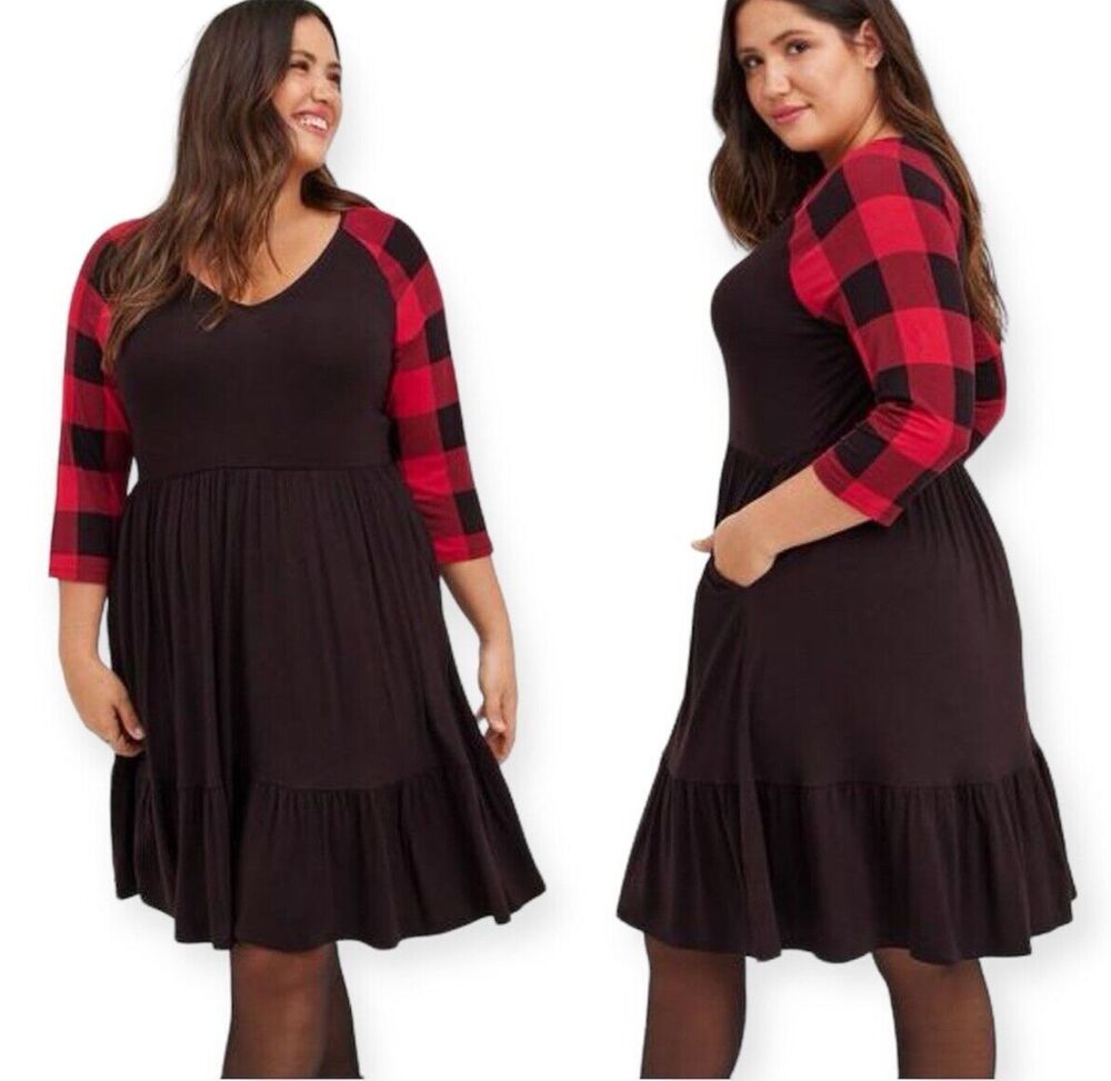 Torrid Women's Super Soft Knits Skater Dress Size 1 1X Brown Red Plaid Stretch